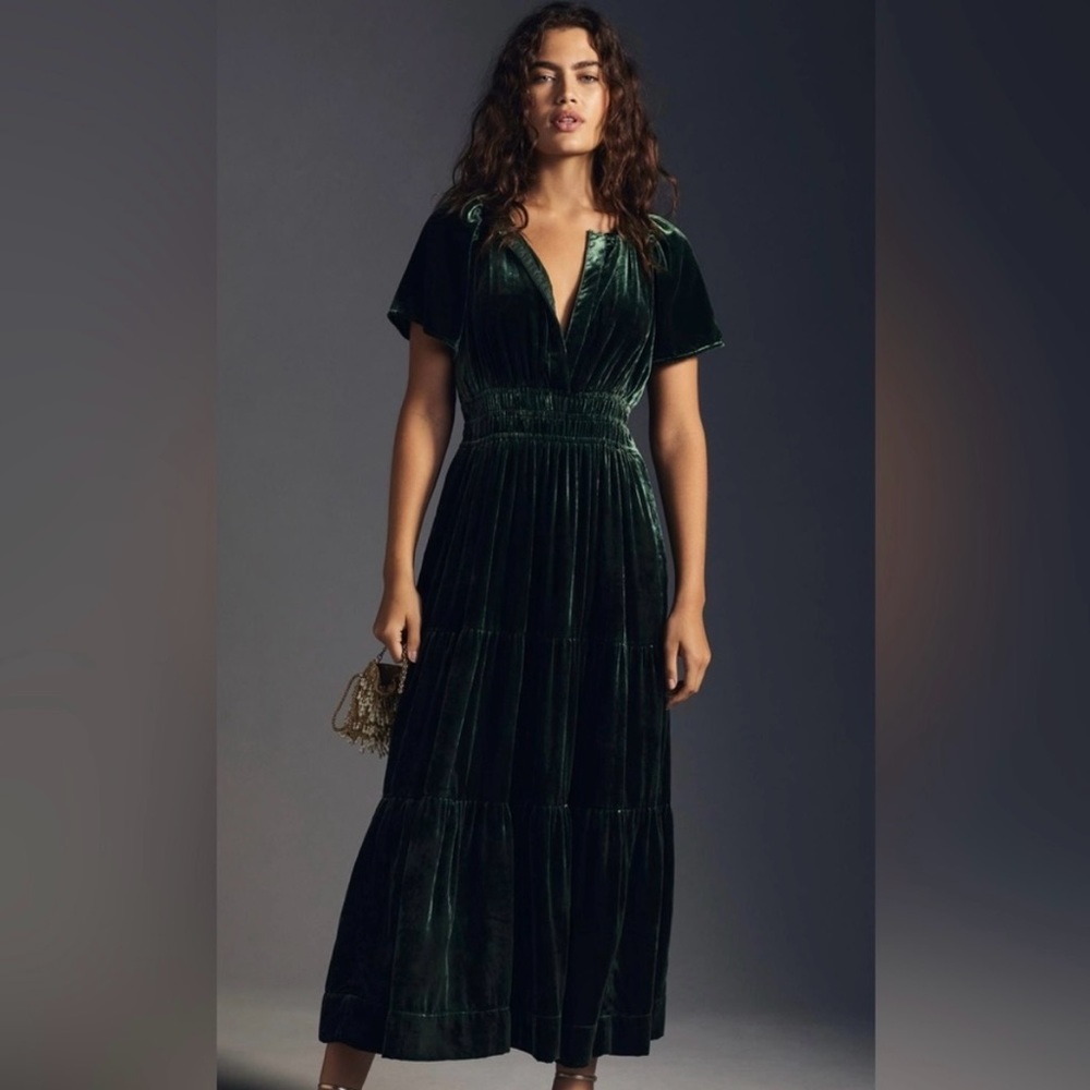 Anthropologie Somerset Maxi Dress Velvet Edition Green XXS